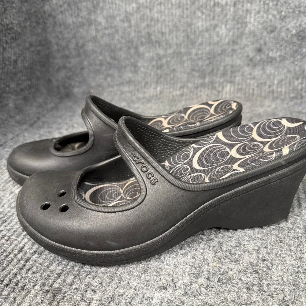 Crocs Sassari Wedge Mary Jane Womens 8 Black Slip On Comfort Heels Excellent